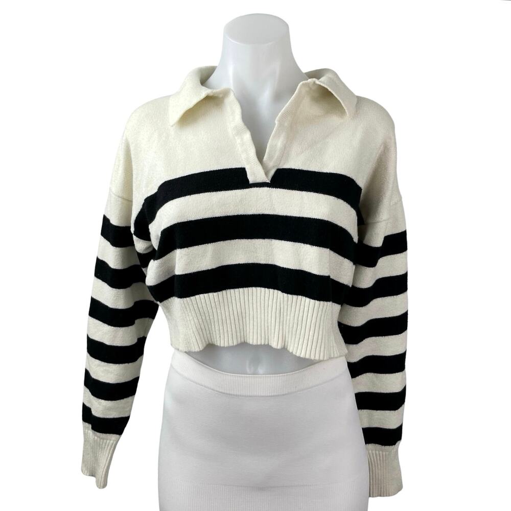 Isalis Women's Ivory Black Striped Long Sleeve Polo Cropped Sweater Top Size S